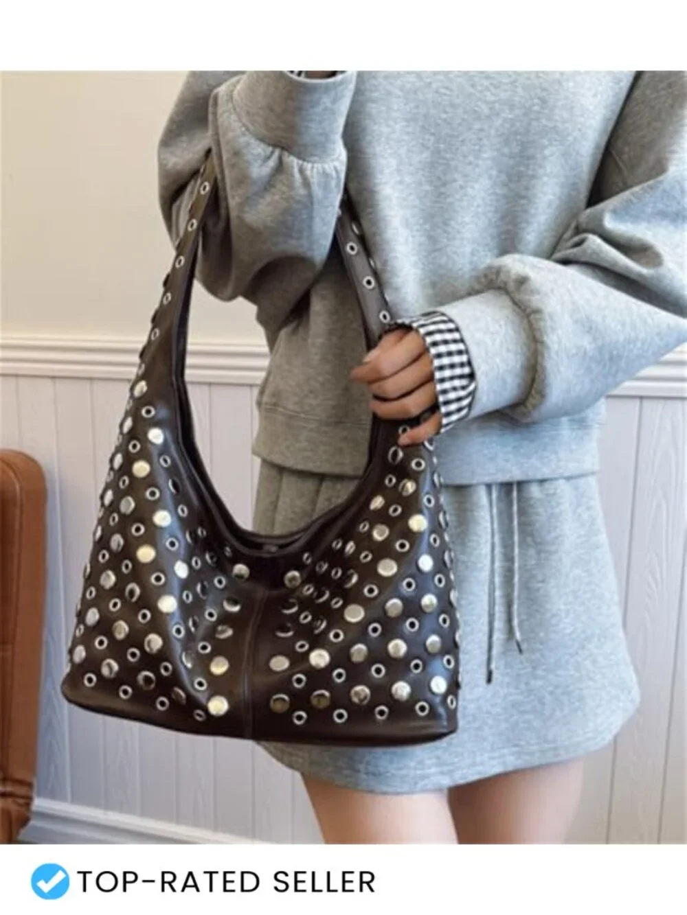 Studded PU Leather Slouchy Hobo Handbag Women Satchel Shoulder Tote Underarm